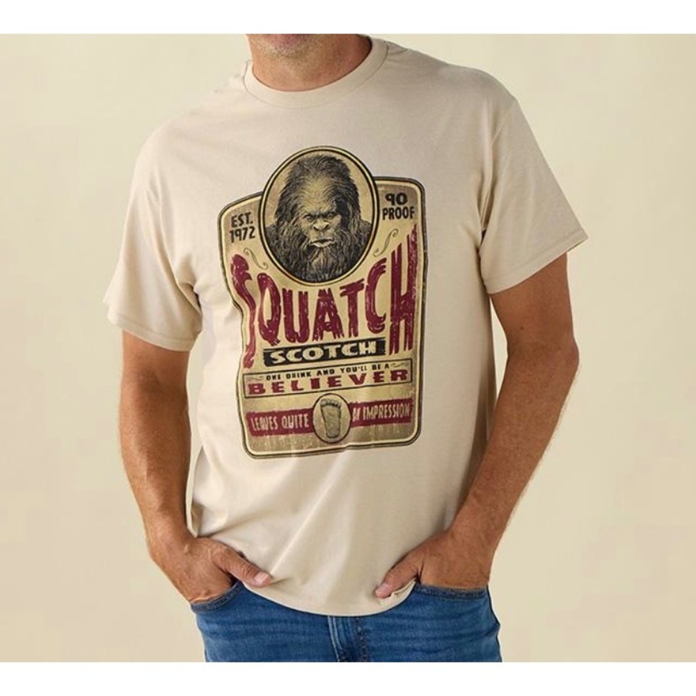 True Line Apparel Squatch Scotch T-Shirt Mens Medium Ivory NWT Bigfoot Graphic